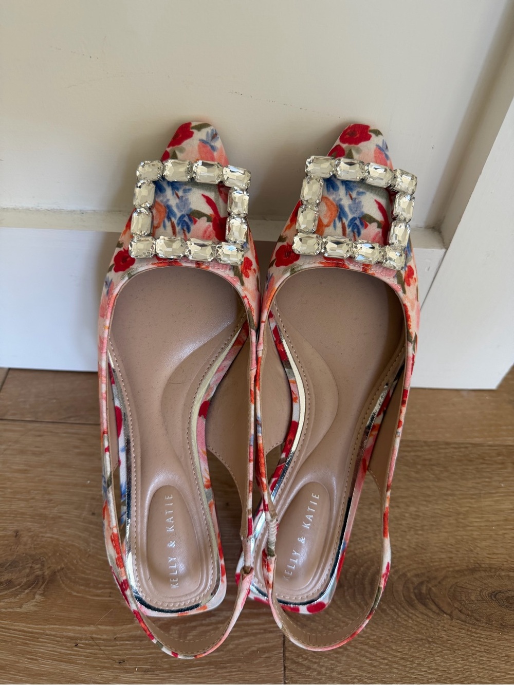 Kelly & Katie Floral Slingback Flats with Crystal Buckle - Red/White